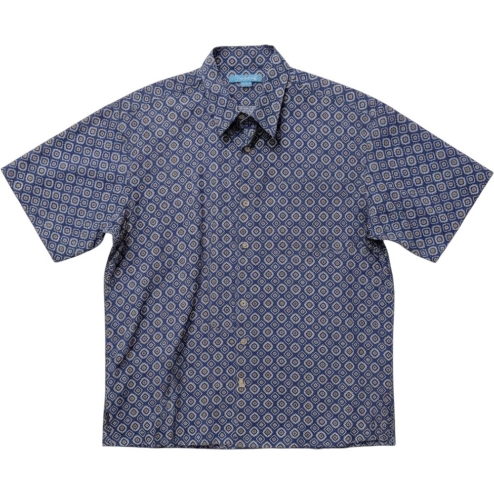Tori Richard Mens Blue Geometric Cotton Lawn Short Sleeve Button‎ Down Shirt M